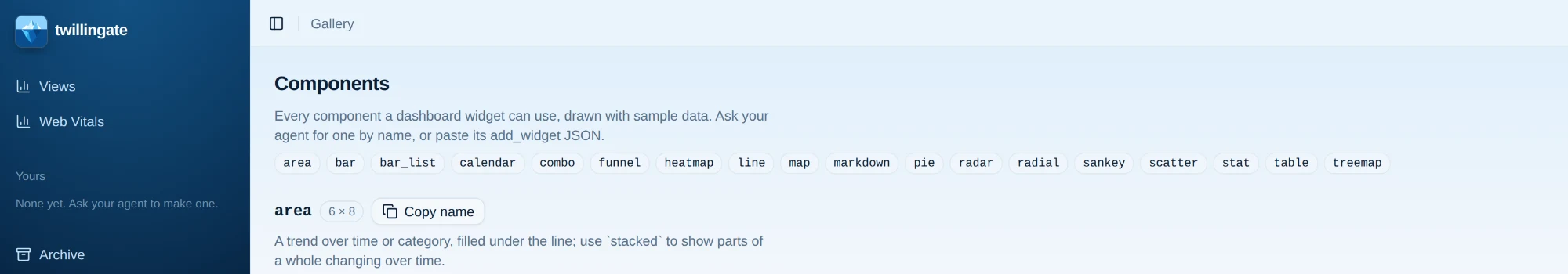 The widget gallery listing area, bar, bar_list, calendar, combo, funnel, heatmap, line, map, markdown, pie, radar, radial, sankey, scatter, stat, table and treemap